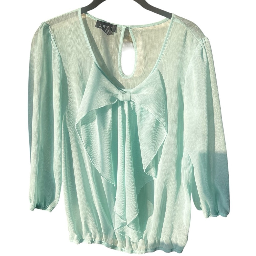 A. Byer Feminine Sheer Bow Front Blouse with Shimmer